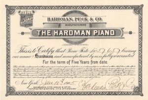 Hardman Piano Warranty - 1905 dated Americana