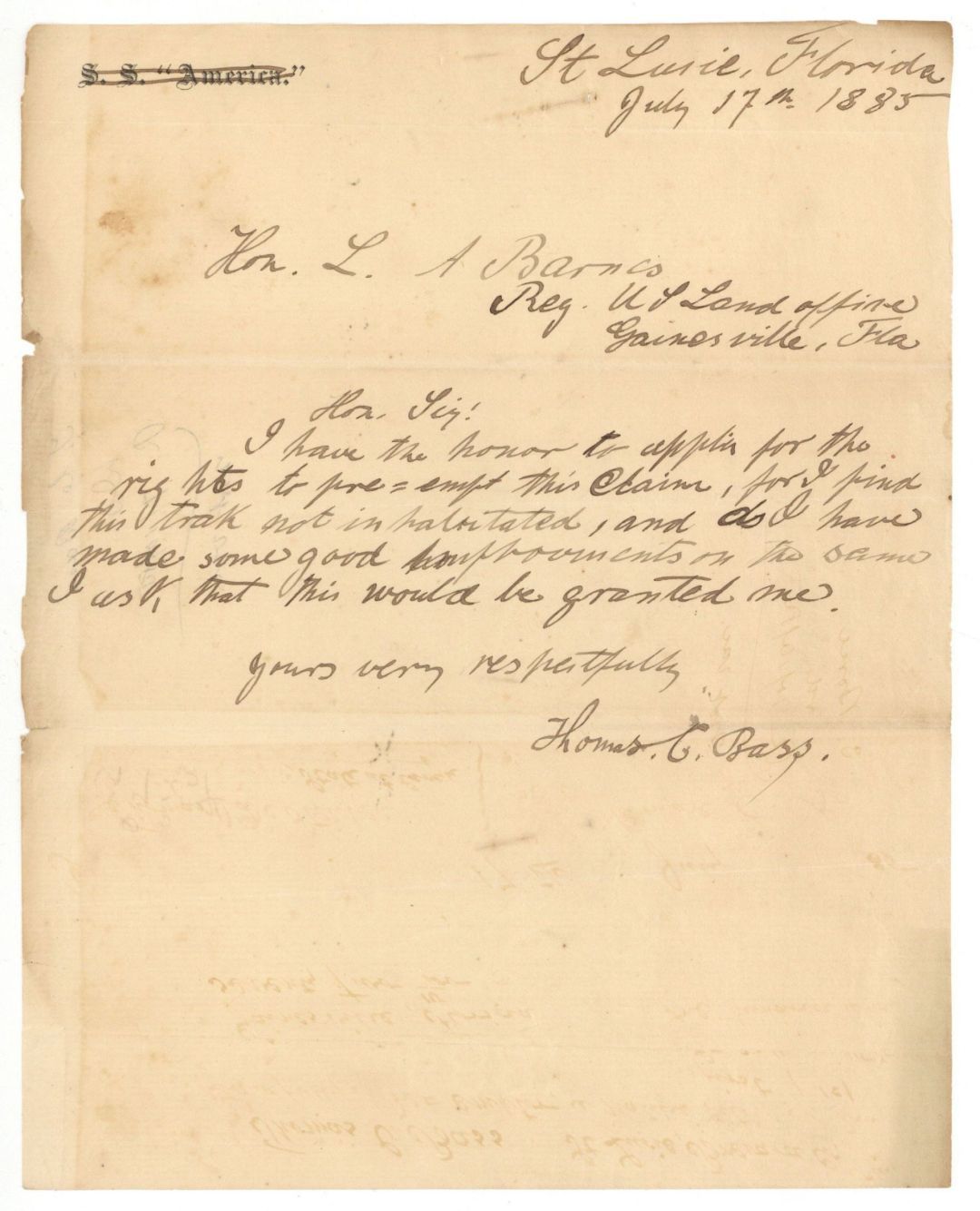  Florida Land Document - 1885 dated Americana