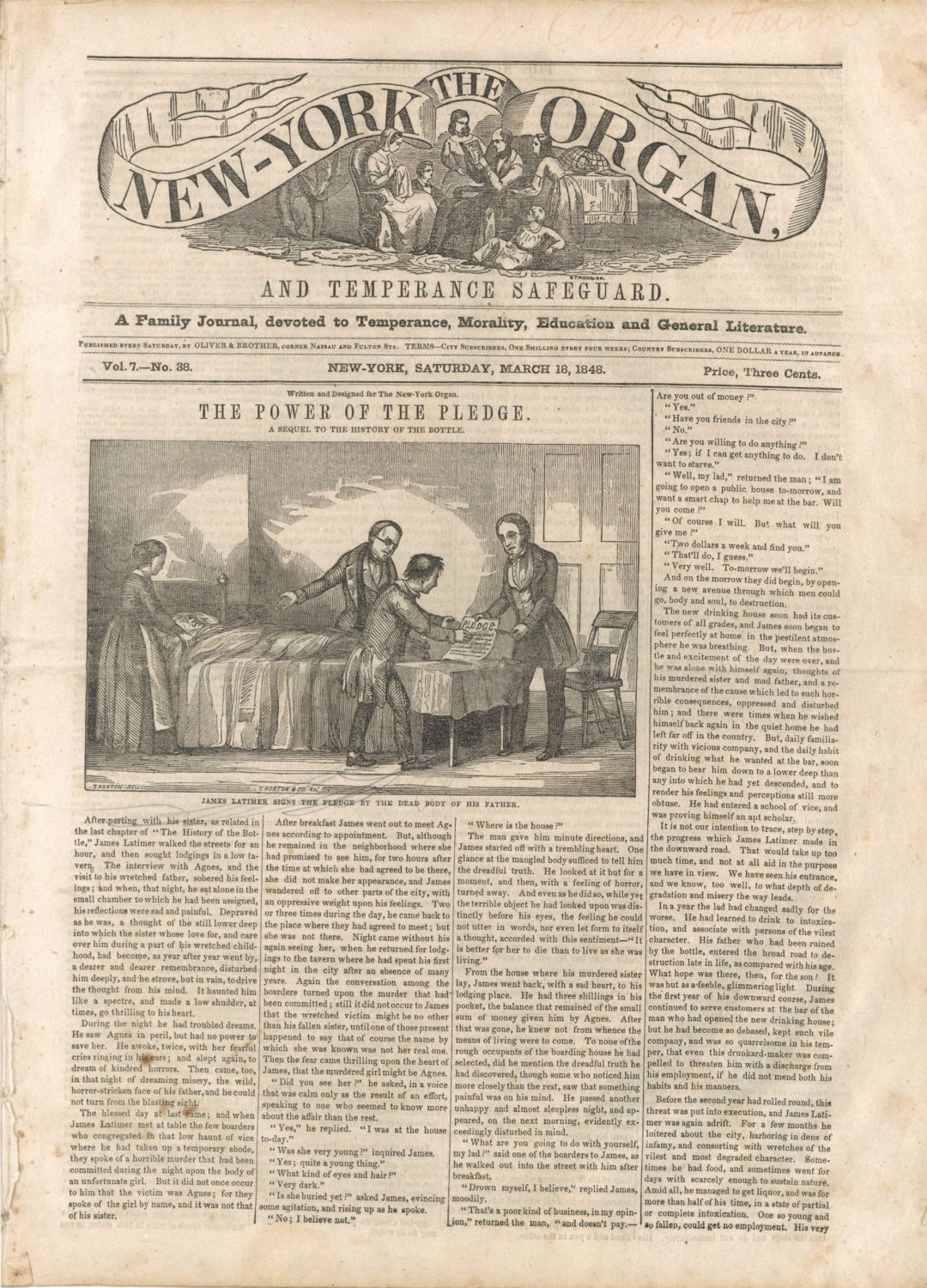 New-York Organ, and Temperance Safeguard Newspaper - 1848 dated Americana
