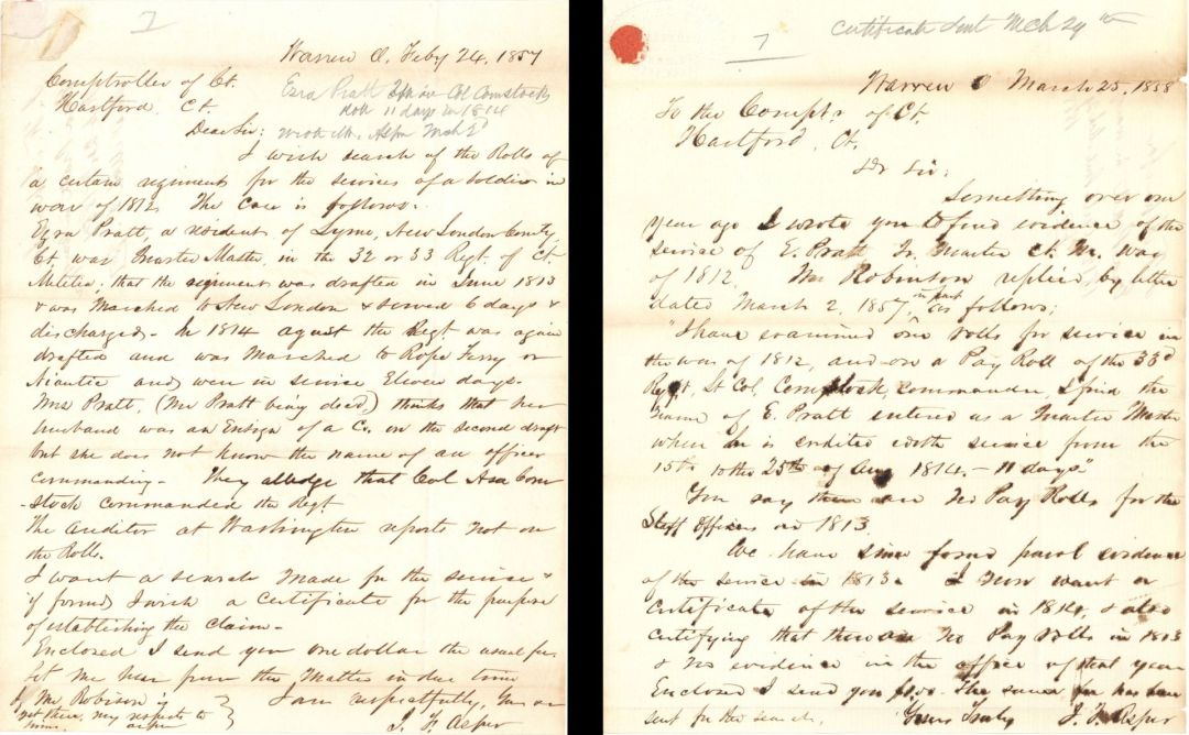 War of 1812 Pair of Letters - 1857 and 1858 dated Americana