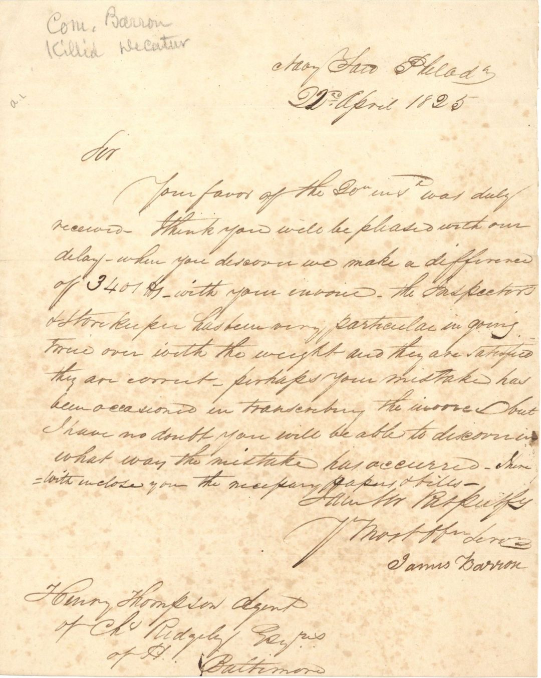 Letter Regarding Invoice - 1825 dated Americana