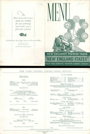 Menu for New England's Premier Train - 1940's dated Americana