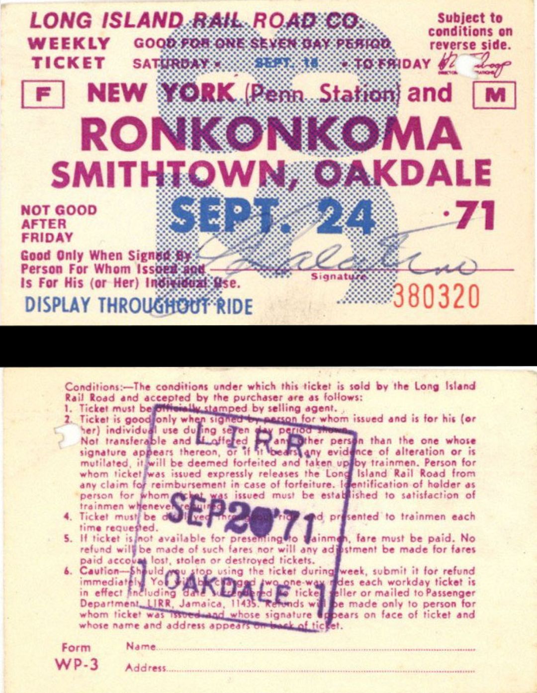 Long Island Rail Road Co. Weekly Ticket - 1971 dated Americana