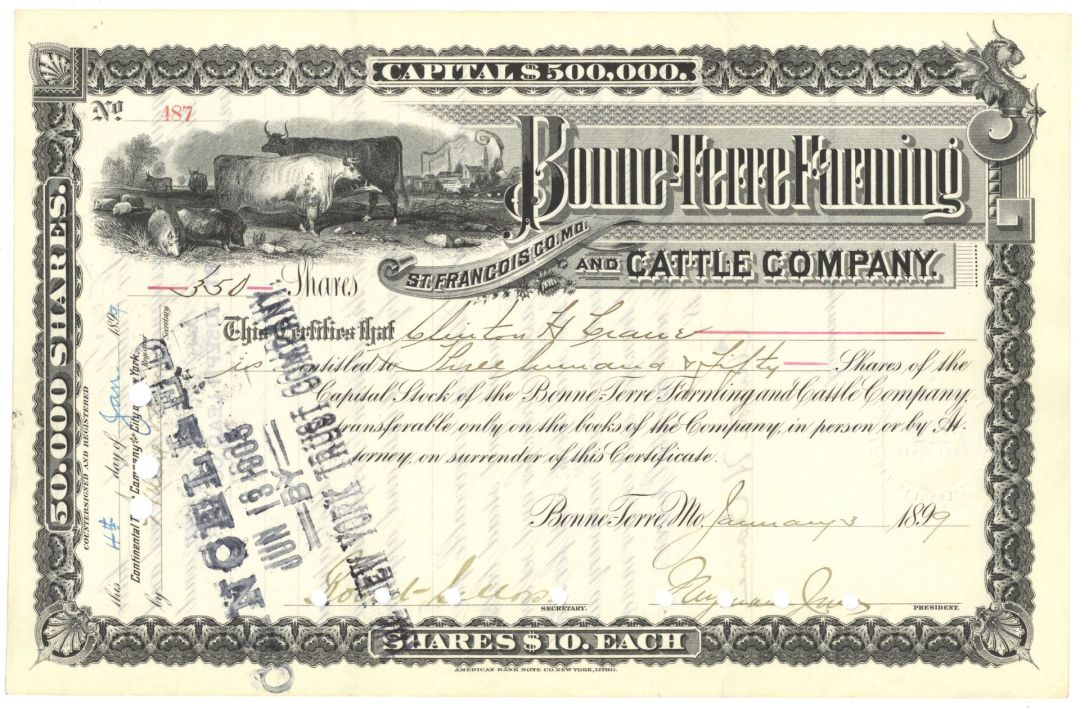 Bonne-Terre Farming and Cattle Co. - 1893 dated Cattle and Farming Stock Certificate