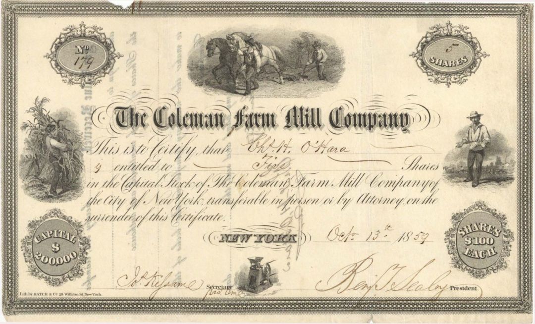 Coleman Farm Mill Co. - 1859 dated Stock Certificate