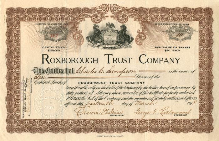 Roxborough Trust Co. - Stock Certificate