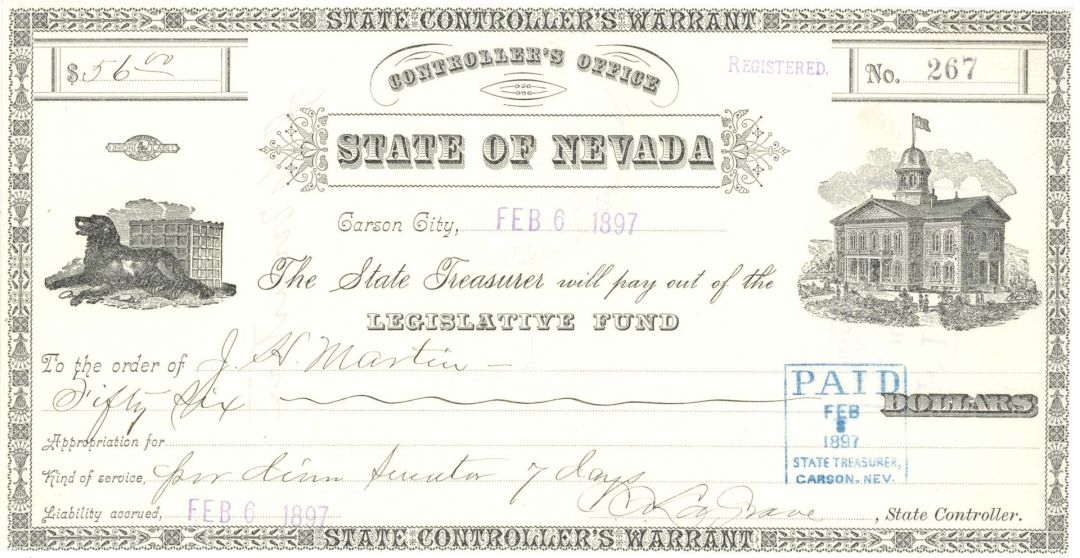 State of Nevada - 1897 dated State Controller's Office Warrent - Carson City, Nevada