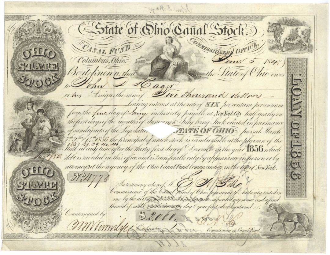 State of Ohio Canal Stock - 1848 dated Ohio Canal Stock Certificate