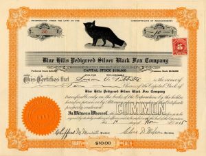 Blue Hills Pedigreed Silver Black Fox Co. - Fox Vignette Stock Certificate