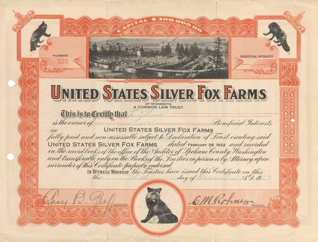 United States Silver Fox Farms - 1922 dated Stock Certificate