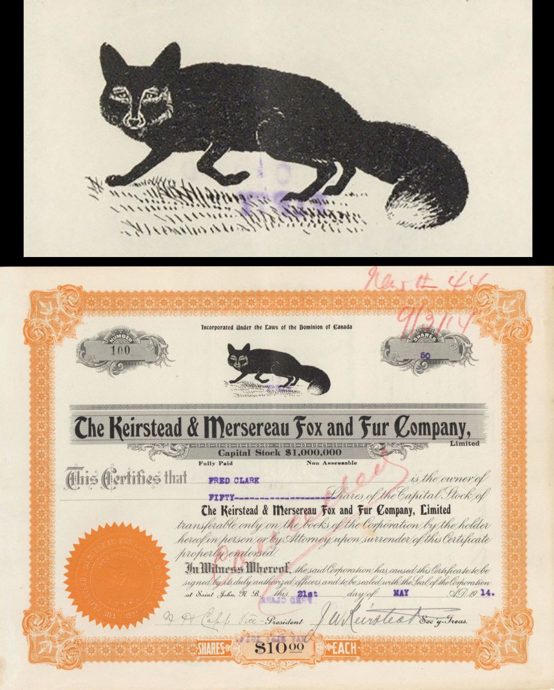 Keirstead and Mersereau Fox and Fur Co. - 1914 dated Animal Stocks and Bonds