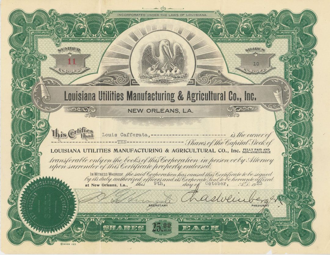 Louisiana Utilities Manufacturing and Agricultural Co, Inc. - Stock Certificate