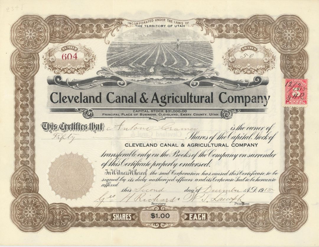 Cleveland Canal and Agricultural Co. - Stock Certificate