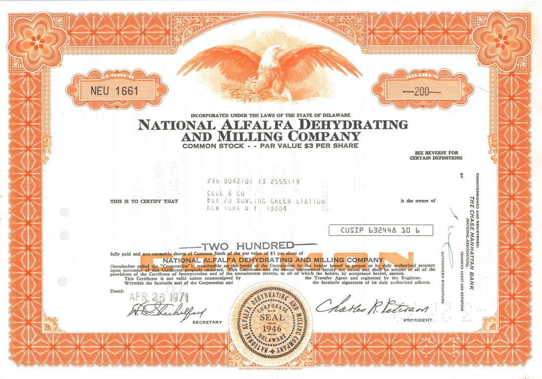 National Alfalfa Dehydrating and Milling Company - Stock Certificate