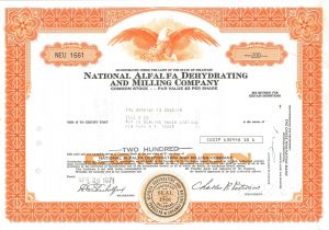 National Alfalfa Dehydrating and Milling Company - Stock Certificate