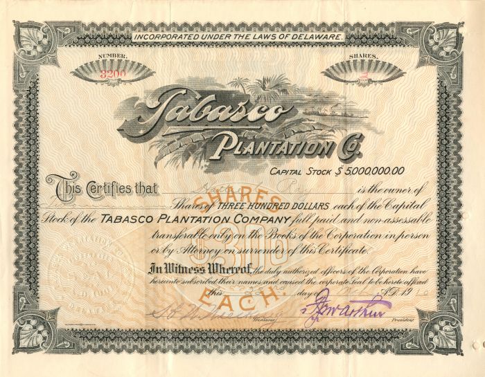 Tabasco Plantation Co. - Mexican Stock Certificate