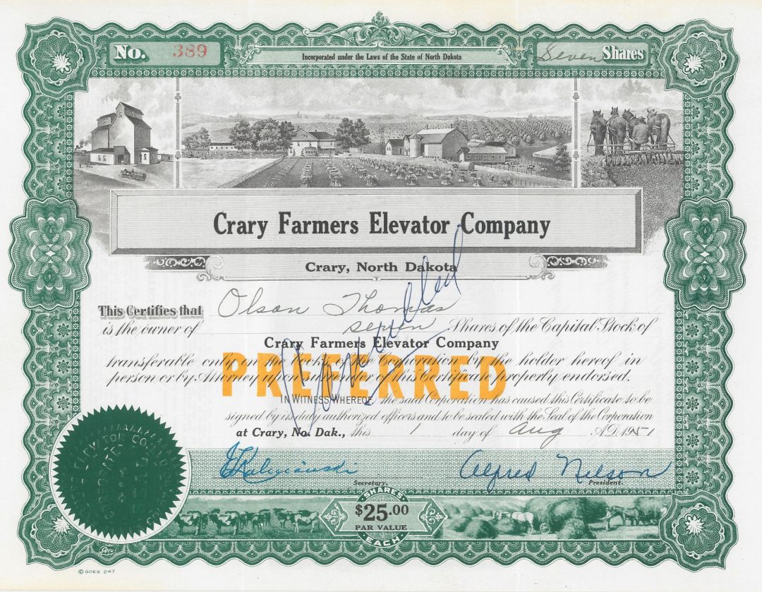 Crary Farmers Elevator Co. - Stock Certificate