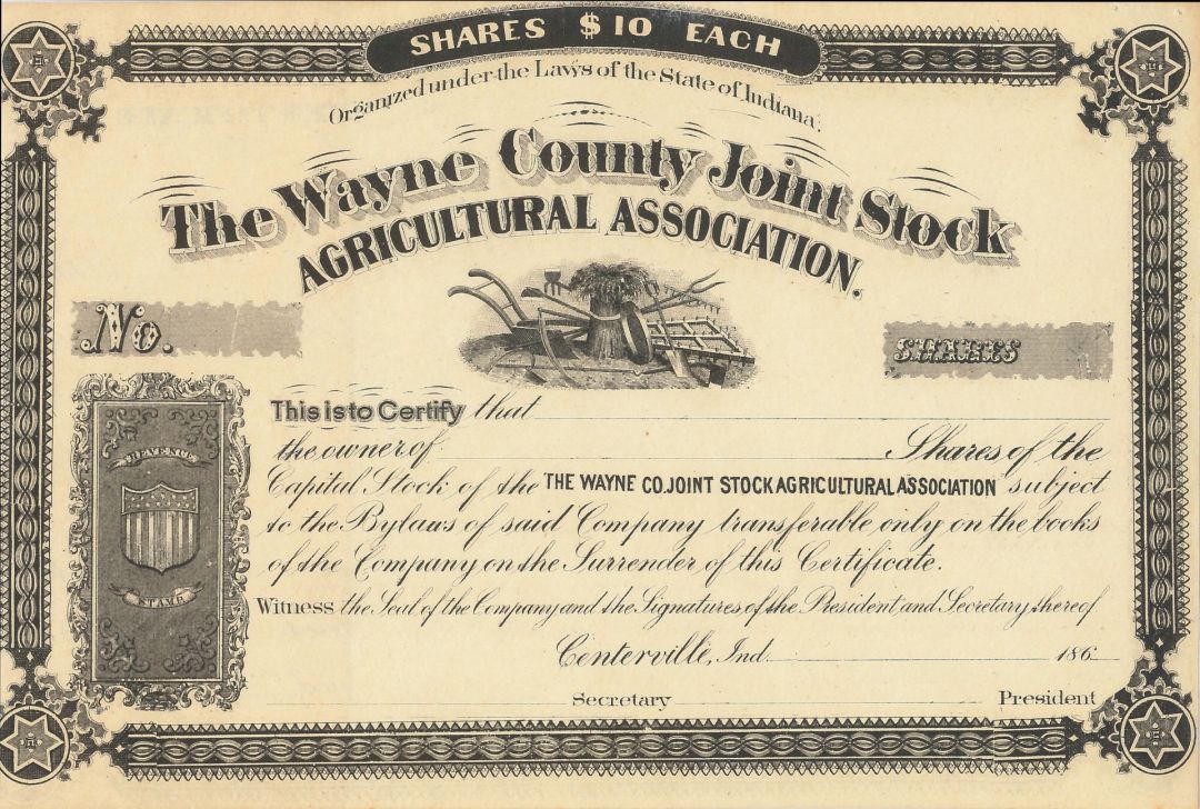 Wayne County Joint Stock Agricultural Association -  Stock Certificate