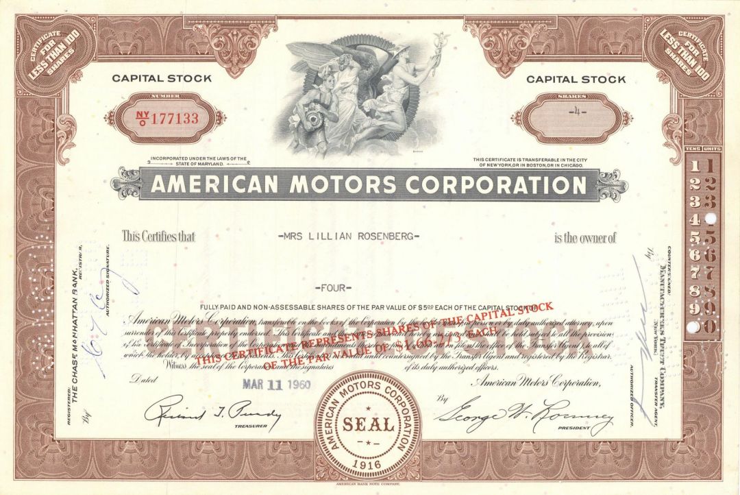 American Motors Corporation - Famous Car Maker - 1950's-70's dated Automotive Stock Certificate