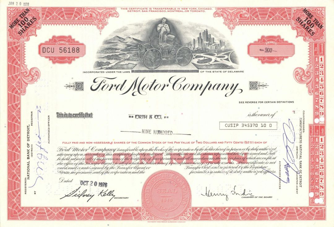 Ford Motor Co. - Automotive Stock Certificate dated 1970's