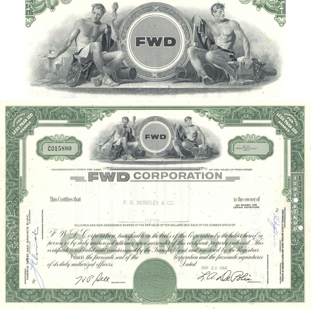 FWD Corp - Four Wheel Drive Corporation - 1960's dated Automotive Stock Certificate