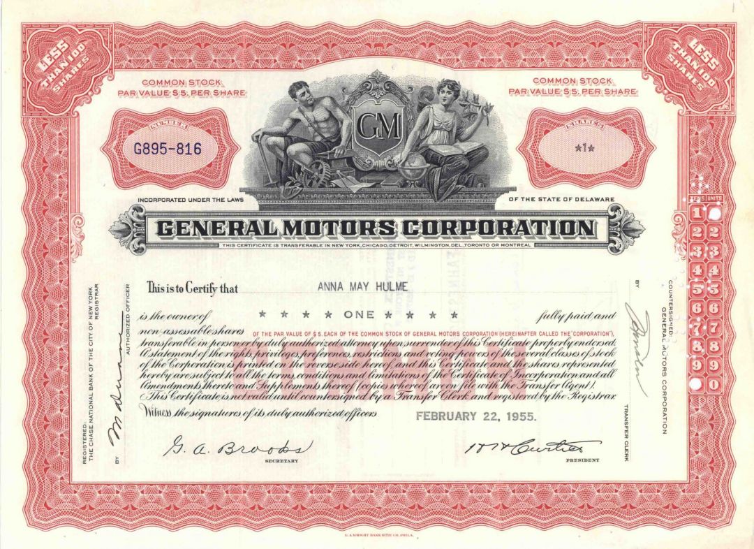 General Motors Corporation - 1950's dated Automotive Stock Certificate - Great Car Maker - Rare Type in Great Condition