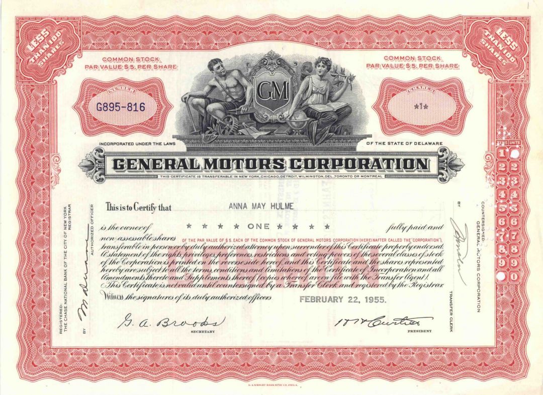 General Motors Corporation - 1950's dated Automotive Stock Certificate - Great Car Maker