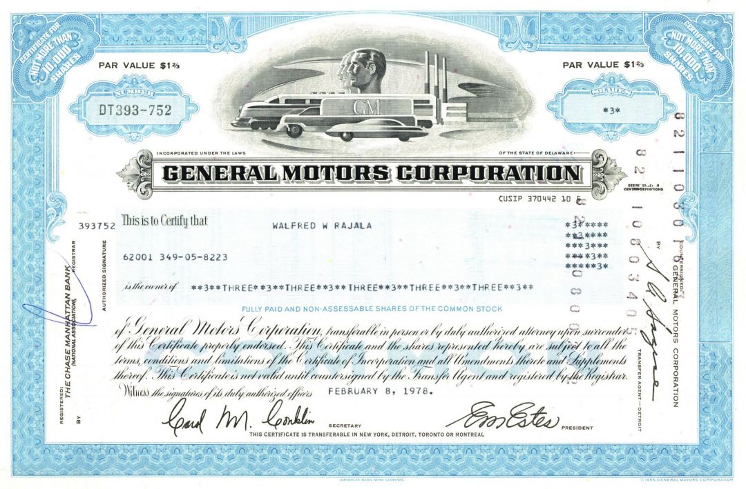 General Motors Corporation - 1960's-80's dated Automotive Stock Certificate - Famous Car Maker
