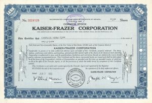 Kaiser-Frazer Corp. - 1940's-50's dated Automotive Stock Certificate