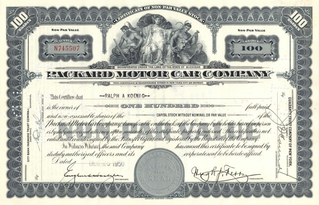 Packard Motor Car Co. - 1940's-50's dated Famous Automobile Company Stock Certificate - Great Automotive History