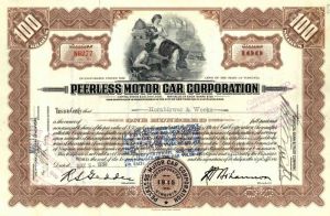 Peerless Motor Car Corporation - 1920's-30's dated Automobile Stock Certificate - Great Automotive History