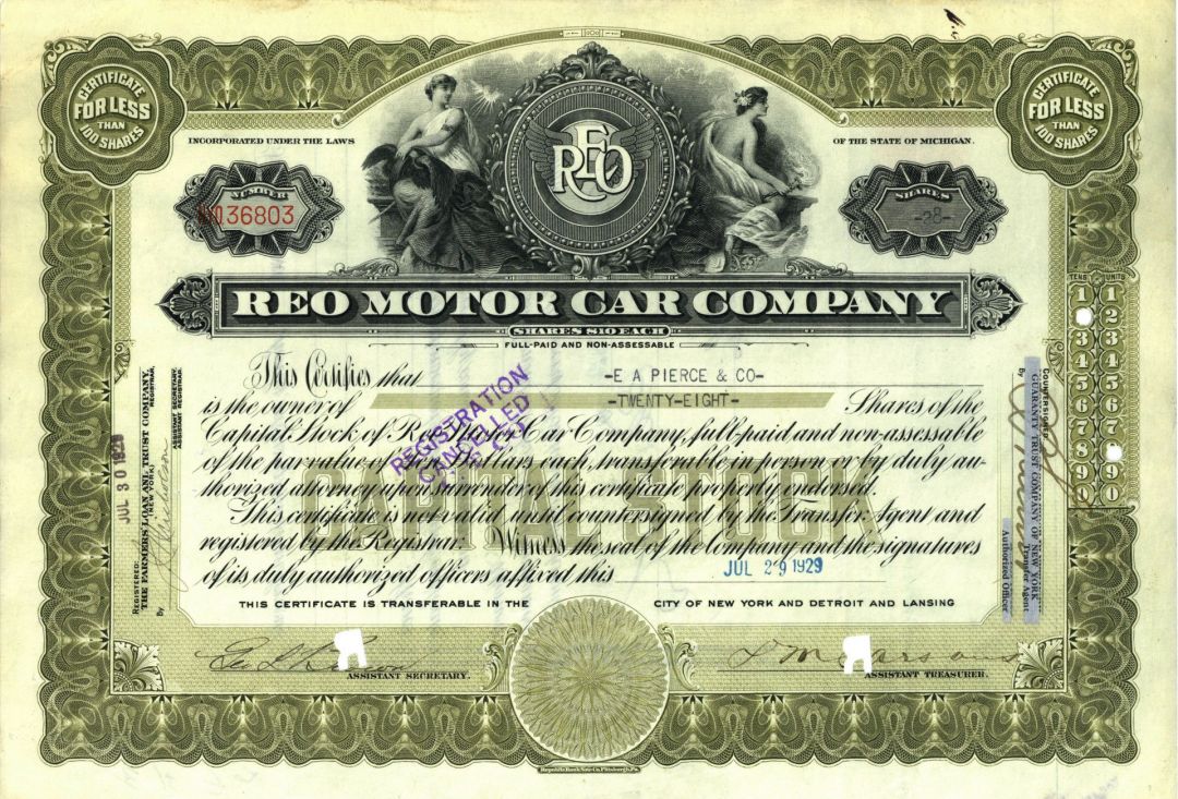 Reo Motor Car Co. - 1910-30's dated Automotive Stock Certificate - Famous Car Maker