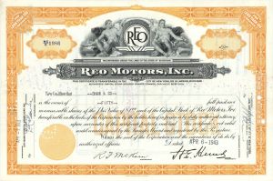 Reo Motors, Inc. - 1940's-50's dated Automotive Stock Certificate - Available in Brown, Orange or Purple - Please Specify Color