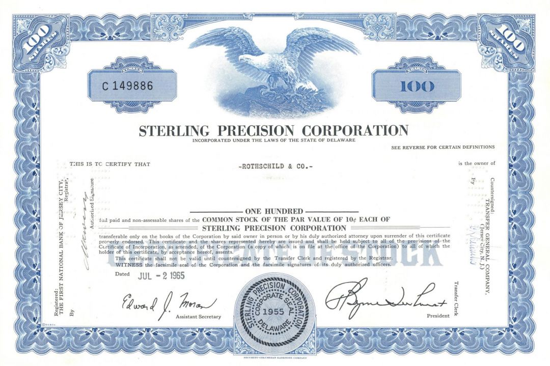 Sterling Precision Corporation - Automotive Stock Certificate