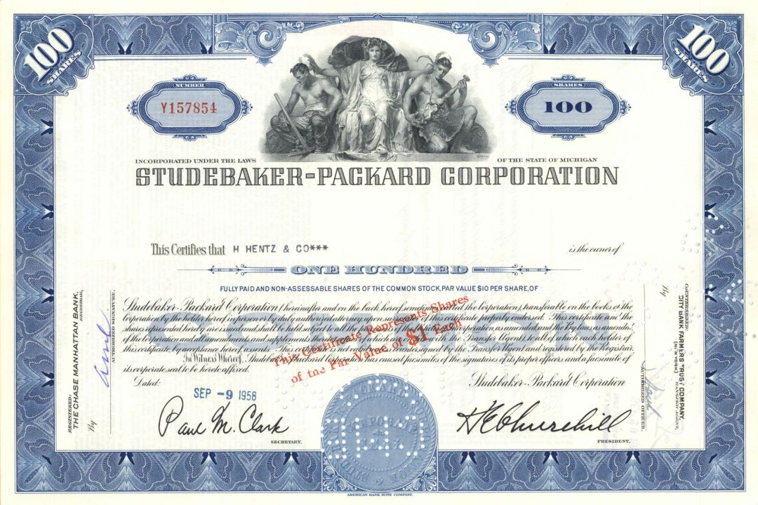 Studebaker-Packard Corporation - 1950's dated Automotive Stock Certificate - Famous Car Maker