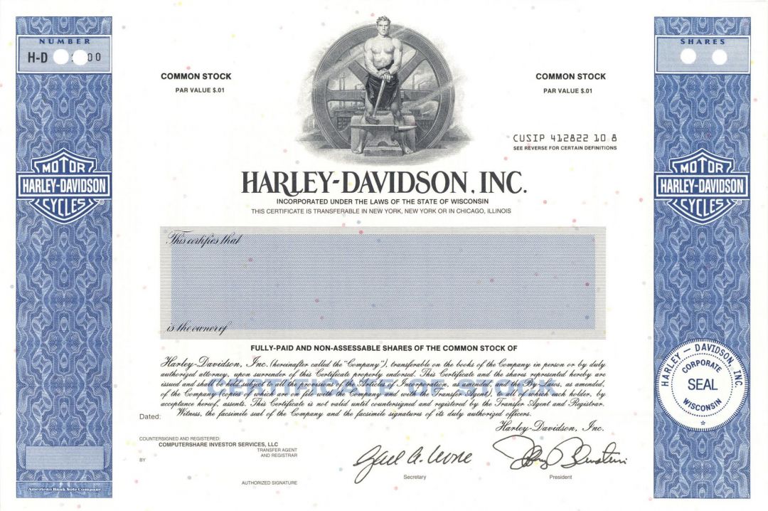 Harley-Davidson, Inc. - Famous Motorcycle Company Stock Certificate (Uncanceled)