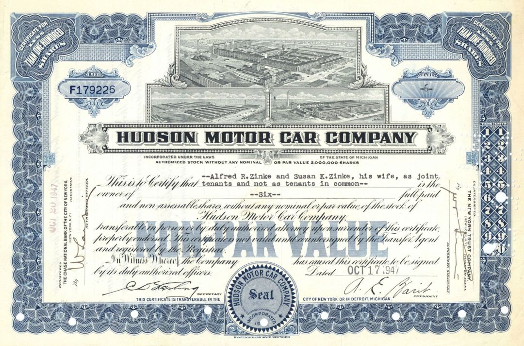 Hudson Motor Car Co. - Blue Type - 1940's or 1950's dated Automotive Stock Certificate - Famous Car Maker