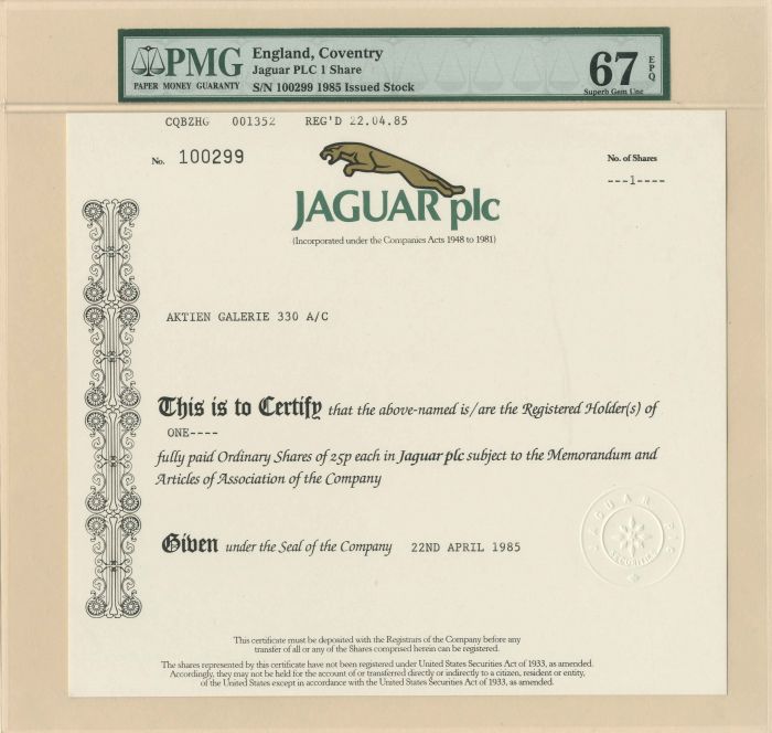 Jaguar plc-England - Stock Certificate (Uncanceled)