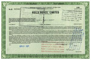Rolls-Royce, Limited - Automotive Stock Certificate - Luxury Car Maker