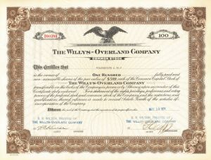 Willys-Overland Co. - Automotive Stock Certificate (Uncanceled) - Great History!