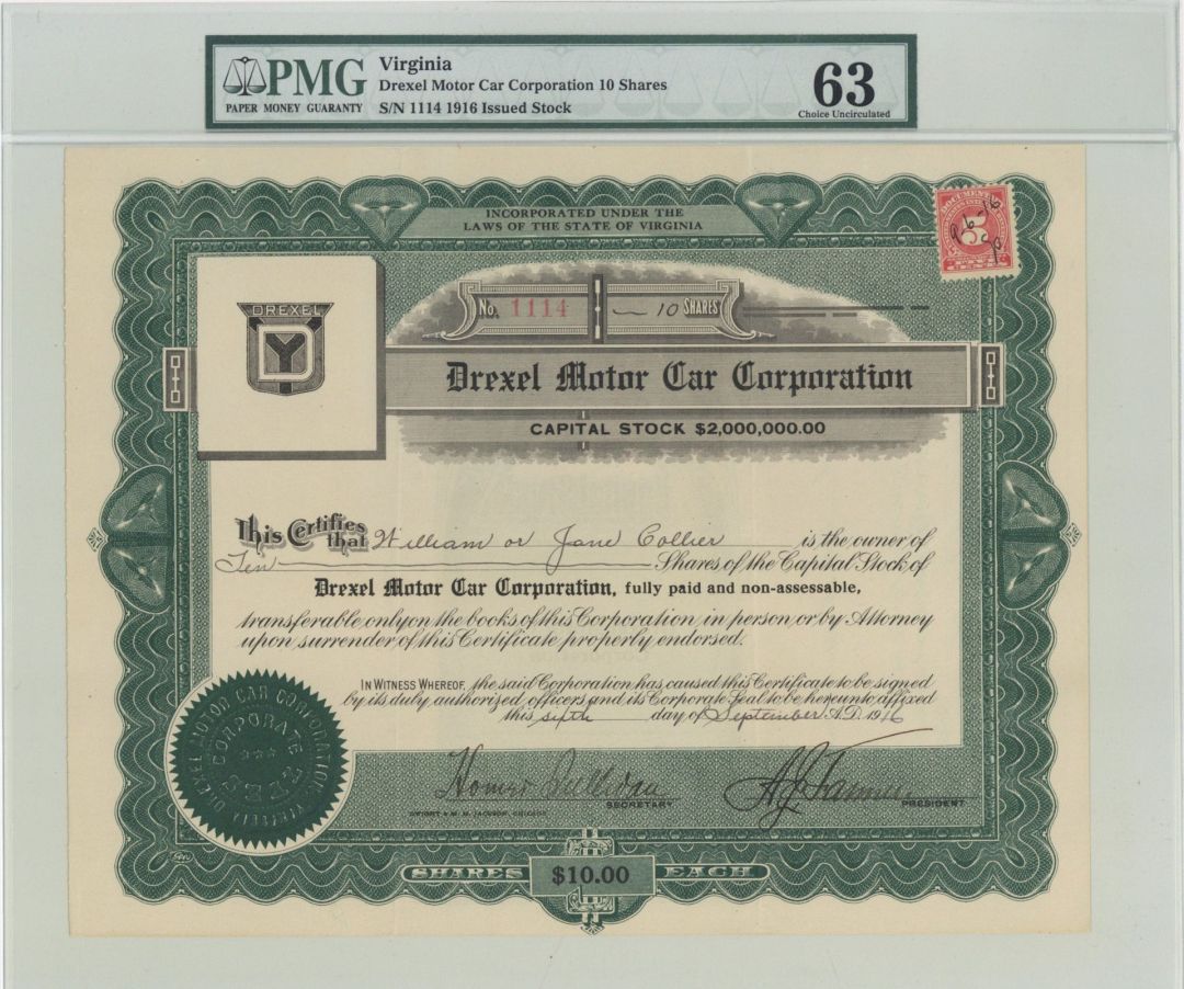 Drexel Motor Car Corp. - PMG Graded 63 1916 dated Stock Certificate (Uncanceled)