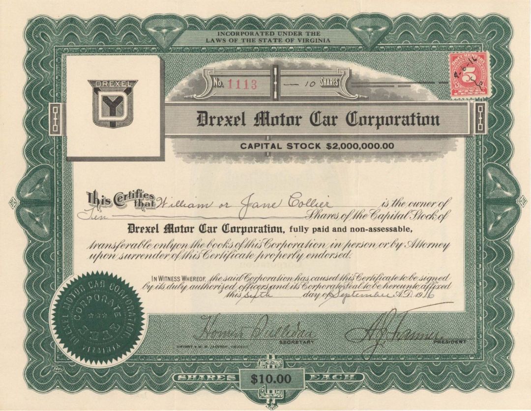 Drexel Motor Car Corp. - 1916 dated Stock Certificate (Uncanceled)