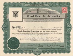 Drexel Motor Car Corp. - 1916 dated Stock Certificate (Uncanceled)