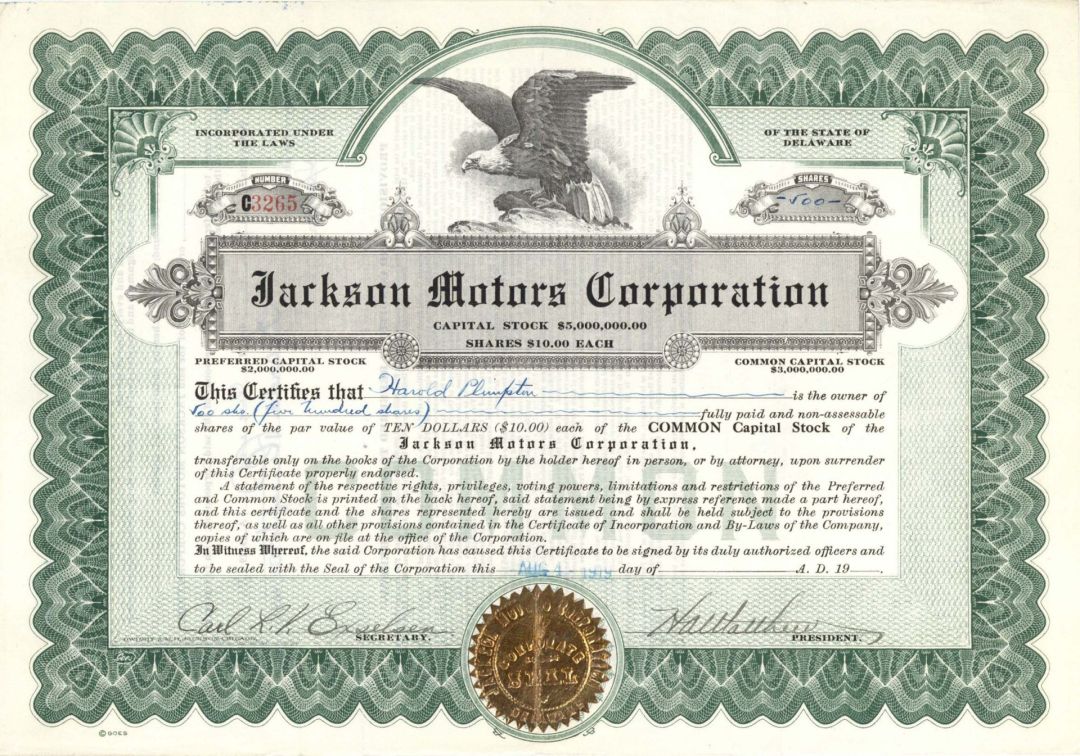 Jackson Motors Corp. - 1919 or 1921 dated Stock Certificate (Uncanceled)