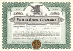 Jackson Motors Corp. - 1919 or 1921 dated Stock Certificate (Uncanceled)