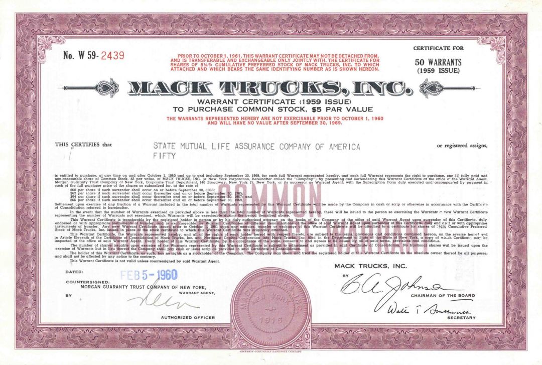 Mack Trucks, Inc. - Automotive and Trucking Warrant Certificate