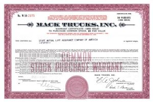 Mack Trucks, Inc. - Automotive and Trucking Stock Certificate