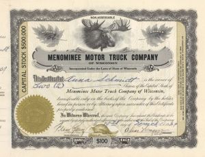 Menominee Motor Truck Co. of Wisconsin - 1929 dated Stock Certificate