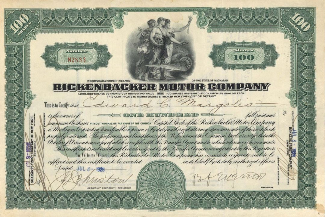 Rickenbacker Motor Co. - 1926 dated Stock Certificate (Uncanceled)