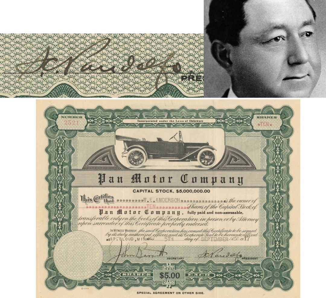 Pan Motor Co. signed by Samuel Pandolfo - Rarer Type - 1917 dated Autographed Stock Certificate